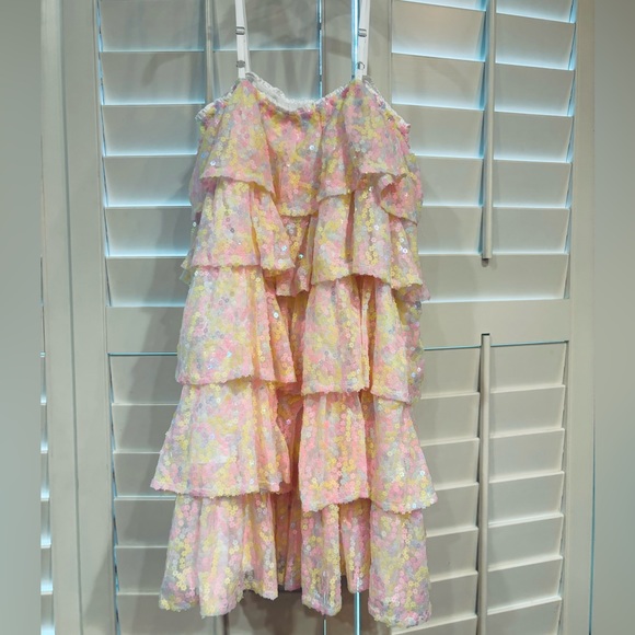 MABLE MARIAM MINI DRESS sequins ruffles sparkly size Small pink yellow pastel - Picture 8 of 15